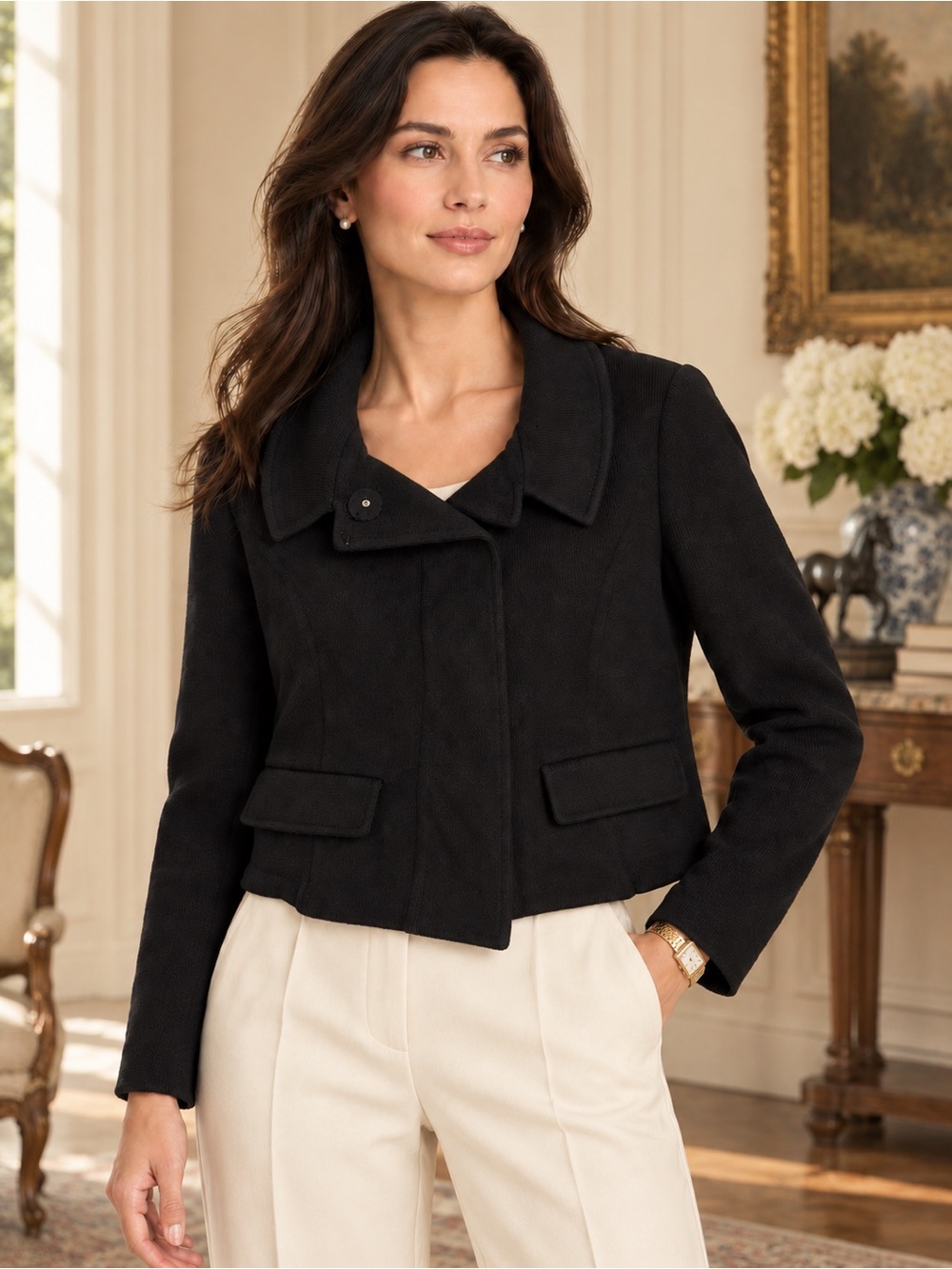 St. John Caviar Black Wool Rayon Snap Button Cropped Jacket Size 6